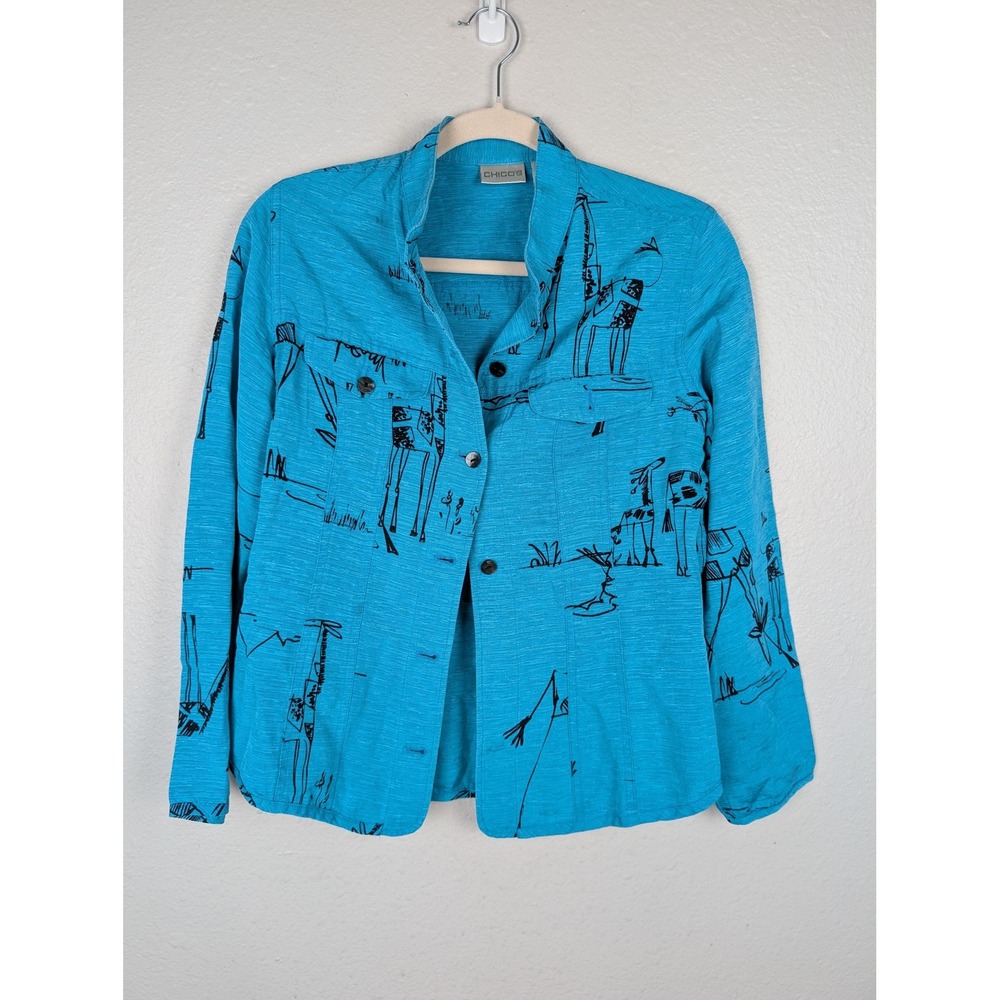 Chico's Jacket 2 Medium Blue Silk Linen Giraffe Print Button Front‎ Top